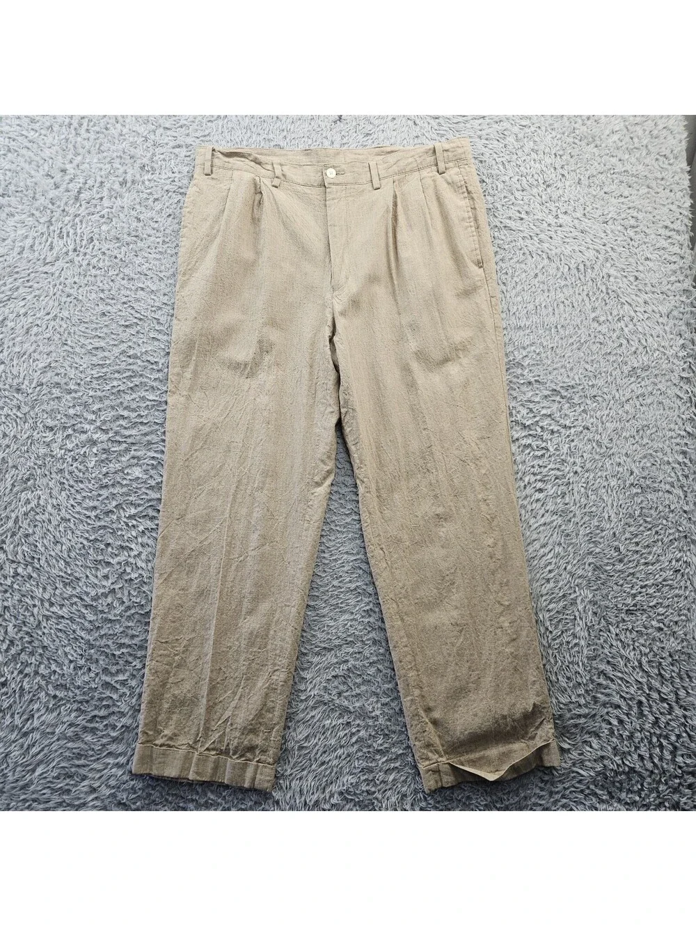Alan Flusser Linen Blend Pants Men 36x30 (fits 35x30) Beige Pleated Cuffed Light